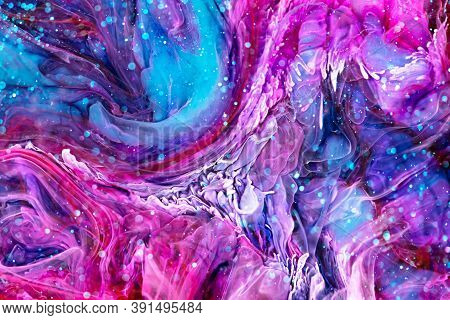 Epoxy Resin Paint With Pink, Turquoise And White Colors. Liquid Backdrop With Splashes And Ripples. 