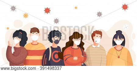 Covid-19, Crowd Of People In Respiratory Medical Mask, Flying Virus Pathogen Around. Spreading Virus