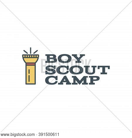 Boy Scout Camp Logo Design With Typography And Travel Element - Flashlight. Text. Hiking Trail, Back