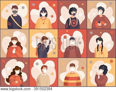 Covid-19, Portrait Of People In Respiratory Medical Mask, Flying Virus Pathogen Around. Spreading Vi