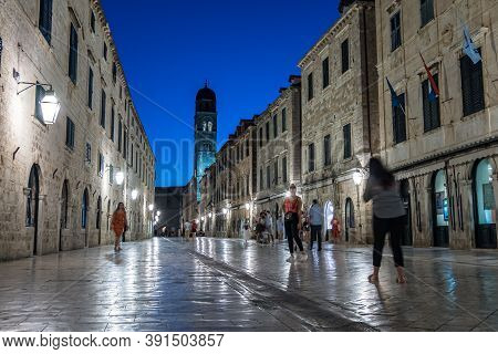 Dubrovnik, Croatia - Jun 20, 2020: Illuminated Stradun Street At Night, The Unesco World Heritage Of