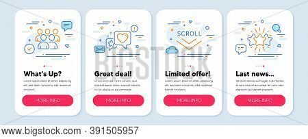 Set Of Technology Icons, Such As Scroll Down, Heart, Group Symbols. Mobile App Mockup Banners. Star 