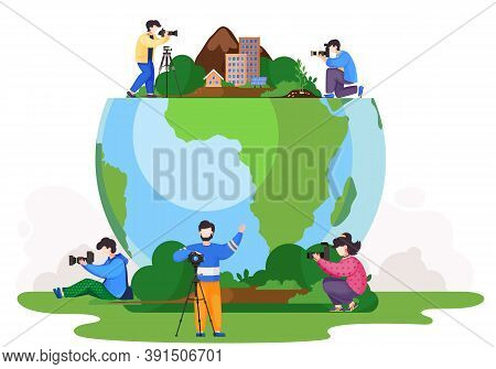 Photographers Taking Photos Using Professional Equipment Set, Men And Woman With Cameras Making Pict