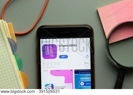 New York, Usa - 26 October 2020: Sesamo Dema Mobile App Logo On Phone Screen Close Up, Illustrative 