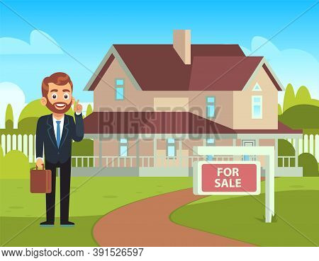 House For Sale. Realtor Shows Residential Building In Countryside, Smiling Man Front Townhouse Summe