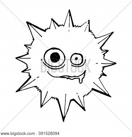 Vector Outline Of A Mad Virus With Spikes, Bulging Eyes And Drool From The Mouth.