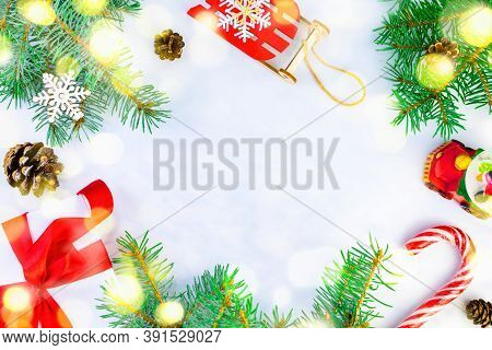 Christmas Frame Festive Background, Traditional Decorative Ornaments - Red Wooden Sled, Candy Cane, 