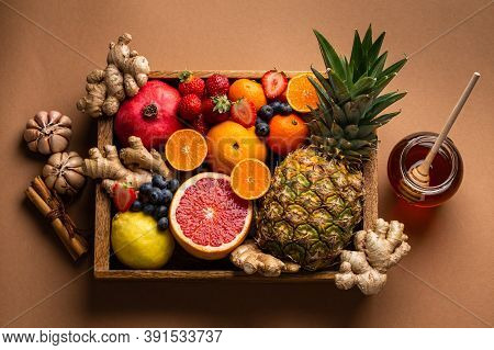Healthy Nutrition During Flu And Cold Season. Selection Of Fresh Fruit With Vitamin C And Natural In