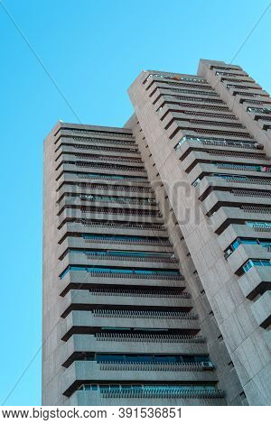 Madrid, Spain - 3rd October, 2020: The Tower Of Valencia Skyscraper Against Blue Sky. It Was Designe