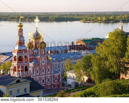 Spring Sunset And Stroganov Church With Mosaic Domes In Nizhny Novgorod