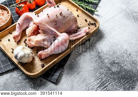 Concept Of Cooking Whole Poult. Ingredients Rosemary, Pink Salt, Garlic And Cherry Tomatoes. Gray Ba