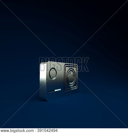 Silver Action Extreme Camera Icon Isolated On Blue Background. Video Camera Equipment For Filming Ex