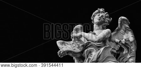 Angel In Ecstasy Statue Holding Jesus Inri Sign. A 17th Century Baroque Masterpiece At The Top Of Sa