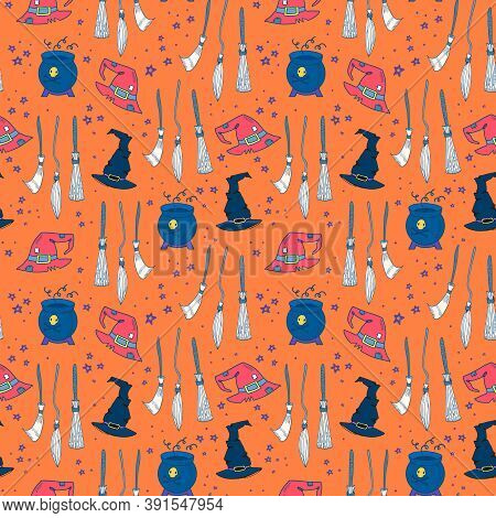 Halloween Witchy Vector Seamless Pattern With Hat, Spellbook And Bottle Of Poison. Witchy Background