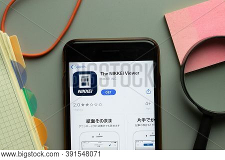New York, Usa - 26 October 2020: The Nikkei Viewer Mobile App Logo On Phone Screen Close Up, Illustr