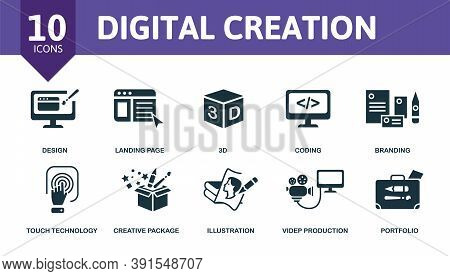Digital Creation Icon Set. Collection Contain Mobile App, Landing Page, Branding, Coding, 3d And Ove