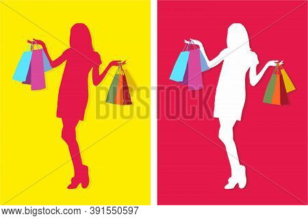 Silhouette Of Woman With Shopping Bags - Illustration