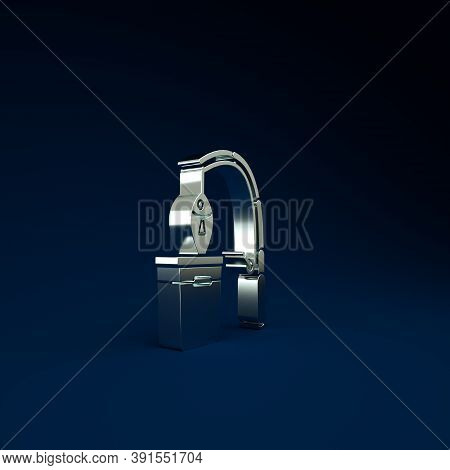 Silver Fishing Rod And Fish Icon Isolated On Blue Background. Put Fish Into A Bucket. Fishing Equipm