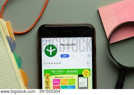 New York, Usa - 26 October 2020: Polyglots Mobile App Logo On Phone Screen Close Up, Illustrative Ed
