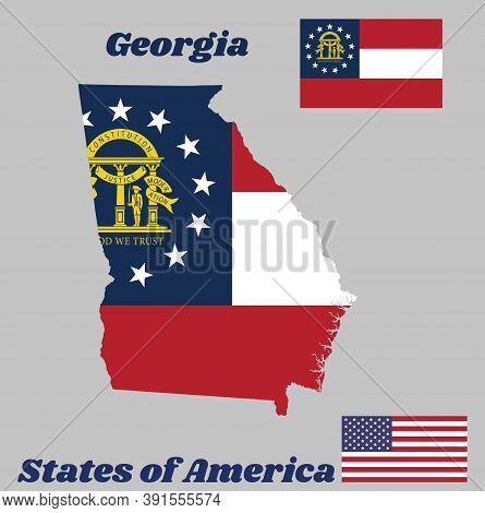 Map Outline And Flag Of Georgia, Three Stripes Consisting Of Red, White, Red. A Blue Canton Containi