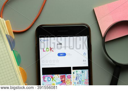 New York, Usa - 26 October 2020: Ldk Mobile App Logo On Phone Screen Close Up, Illustrative Editoria