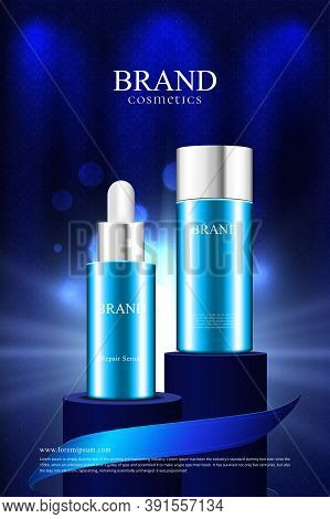 Cosmetic Packaging Poster On Podium Background In Dark Blue Elegant Patterned Fabric With Lights