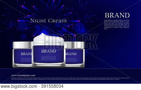 Night Skin Cream Jar Advertisement On Fireworks Background