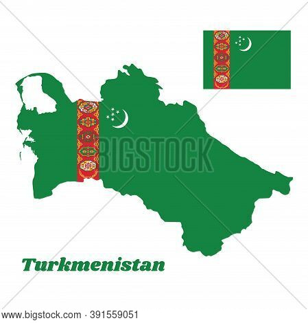 Map Outline And Flag Of Turkmenistan, A Green Field With Red Stripe Containing Five Carpet Guls Stac