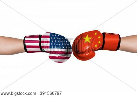 Usa Flag And China Flag Print Screen On Boxing Gloves For Symbols Of Barrier Tariff Trade War Betwee