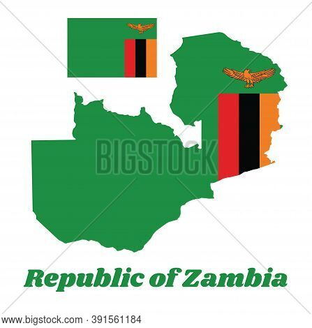 Map Outline And Flag Of Zambia, A Green Field With An Orange Colored Eagle In Flight Over A Rectangu