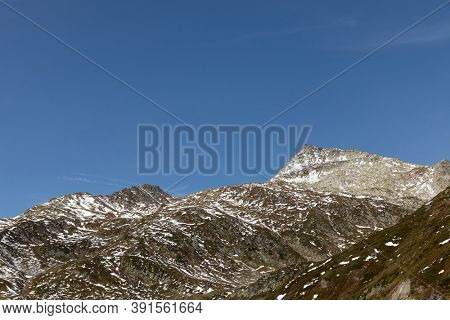 Beautiful panorama of the Gotthard Pass in the Swiss mountains in Ticino. Sunny day, nobody inside