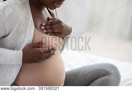 Pregnancy Discomfort. Black Pregnant Woman Suffering Painful Feelings In Breast, African Expectant L