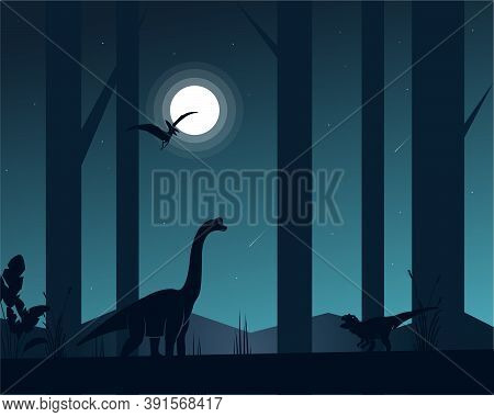 Dinosaurs On Peaceful Tropical Jurassic Landscape Illustration