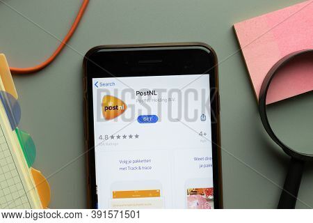 New York, Usa - 26 October 2020: Postnl Mobile App Logo On Phone Screen Close Up, Illustrative Edito