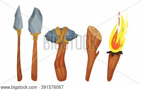 Stone Age Hunting Weapons With Stick And Spear Vector Set