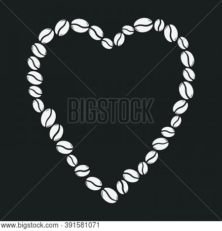 Group Of Roasted Coffee Beans Forming A Heart, Love Caffeine Symbol. Hand Drawn Graphic Vector Illus