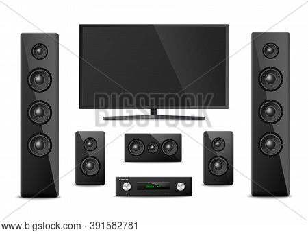 Set Templates Of Home Cinema With Tv Realistic Vector Illustration Isolated.