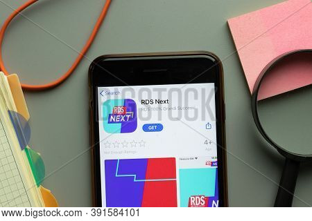 New York, Usa - 26 October 2020: Rds Next Mobile App Logo On Phone Screen Close Up, Illustrative Edi