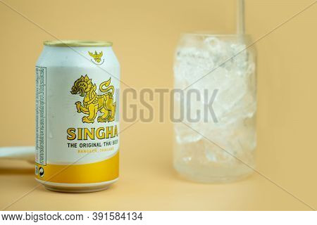 Bangkok, Thailand - October 26, 2020 : Close Up Can Of Singha Lager Beer. The Original Thai Beer Wit
