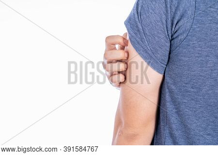 Male Scratching His Arm Isolated White Background. Medical, Healthcare For Advertising Concept.