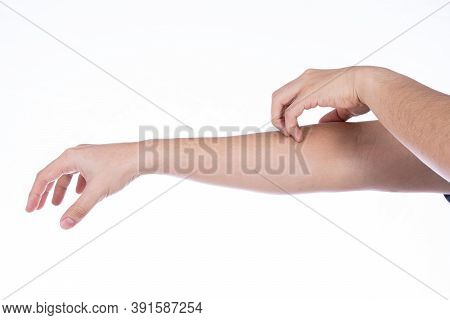 Man Hand Scratching His Arm Isolated White Background. Medical, Healthcare For Advertising Concept.