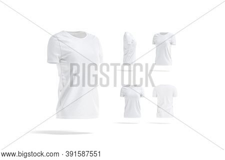 Blank White Women T-shirt Mockup, Different Views, 3d Rendering. Empty Jersey Teeshirt Model Mock Up