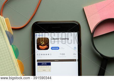 New York, Usa - 26 October 2020: Catador Cupping Mobile App Logo On Phone Screen Close Up, Illustrat