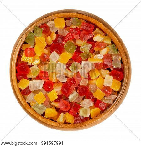 Diced Candied Fruits In A Wooden Bowl. Peel Of Oranges, Papayas And Succade, Preserved And Sweetened