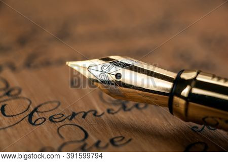 Fountain Pen With Ink Text Background Closeup