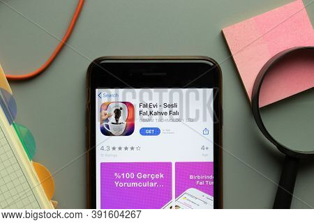 New York, Usa - 26 October 2020: Fal Evi Mobile App Logo On Phone Screen Close Up, Illustrative Edit