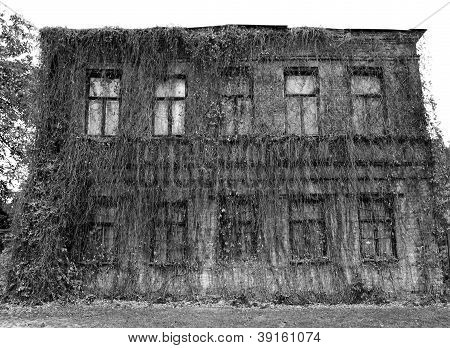 Effrayant vieux bâtiment en noir et blanc