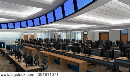 3d Illustration With Blue Screen Monitors In A Classroom Or A Surveillance And Network Operations Ce