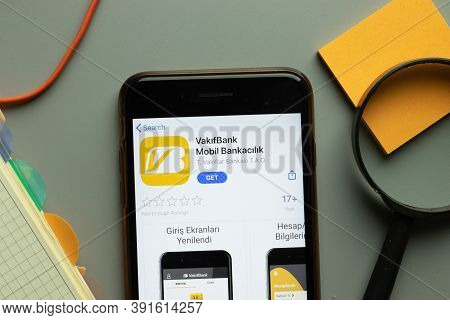 New York, Usa - 26 October 2020: Vakifbank Mobil Mobile App Logo On Phone Screen Close Up, Illustrat