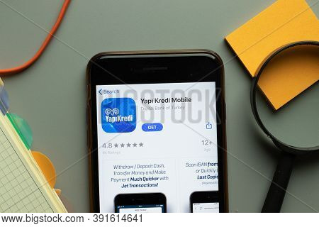 New York, Usa - 26 October 2020: Yapi Kredi Mobile App Logo On Phone Screen Close Up, Illustrative E